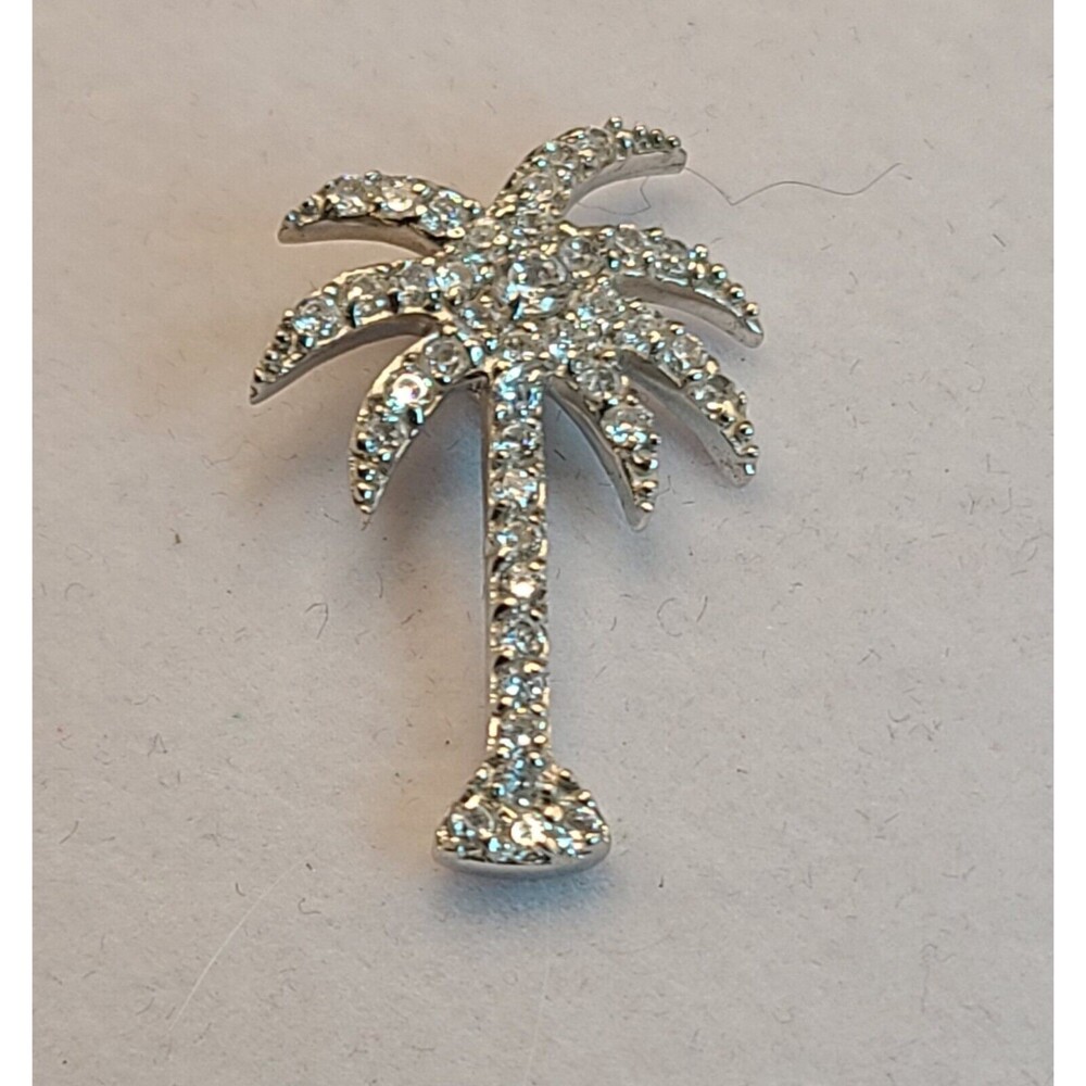 Sterling Silver Palm Tree Pendant With Crystals 1.25" Long .75" Wide